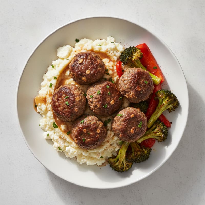 Oven-Baked Beef Meatballs with Roasted Vegetables and Creamy Potato Mash
