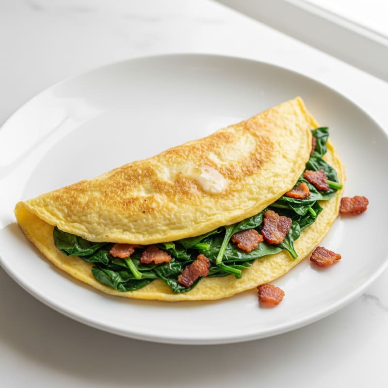Egg White Omelet with Crispy Bacon and Sautéed Spinach