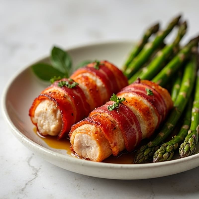 Crispy Turkey Bacon-Wrapped Chicken Sausage with Roasted Asparagus