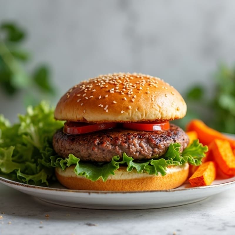 Lean Beef Burger with Crispy Sweet Potato Fries and Fresh Greens
