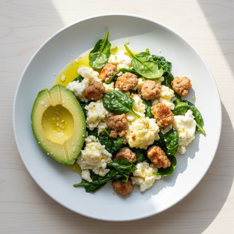 Egg White Scramble with Turkey Sausage and Sautéed Spinach