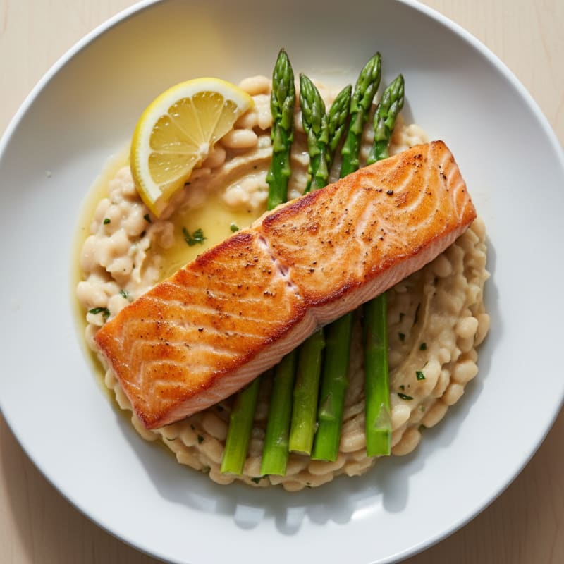 Seared Salmon Fillet with Steamed Asparagus and Garlic Mashed White Beans