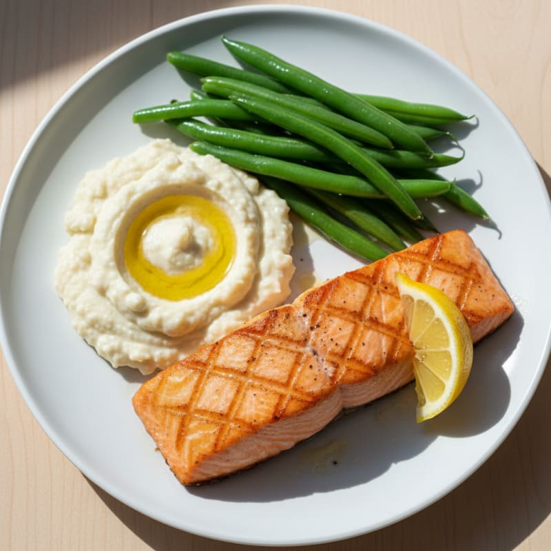 Seared Salmon Fillet with Steamed Green Beans and Garlic Cauliflower Mash