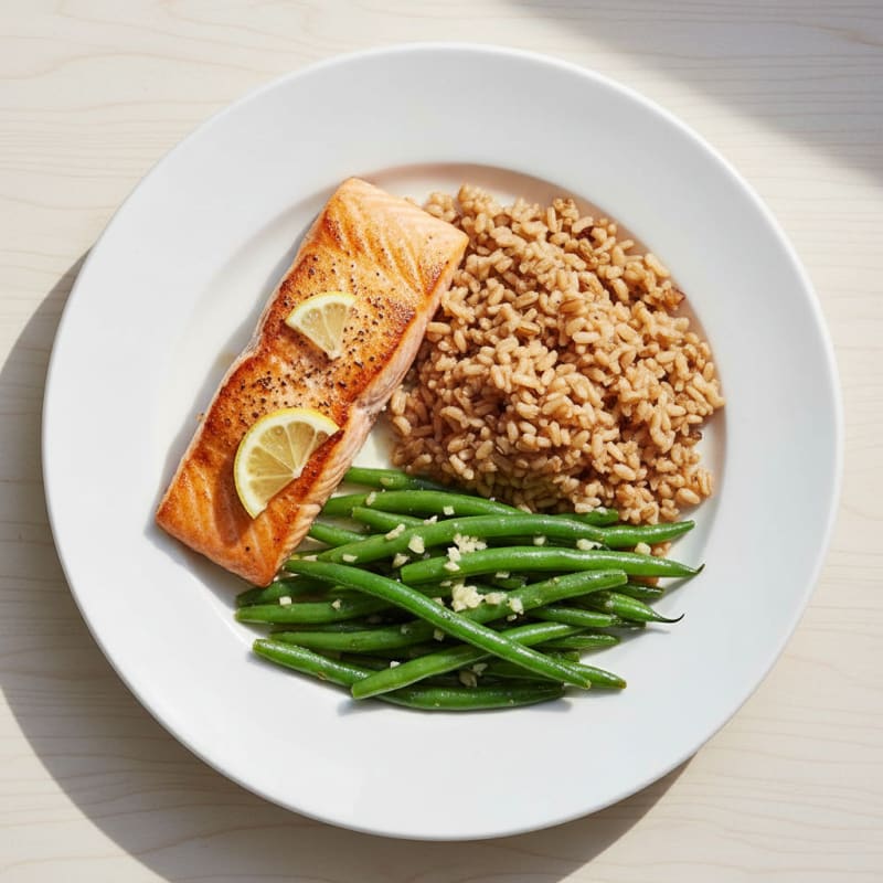 Seared Salmon with Garlic Green Beans and Brown Rice