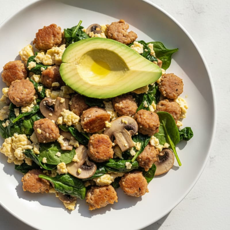 Egg White and Turkey Sausage Scramble with Spinach and Mushrooms