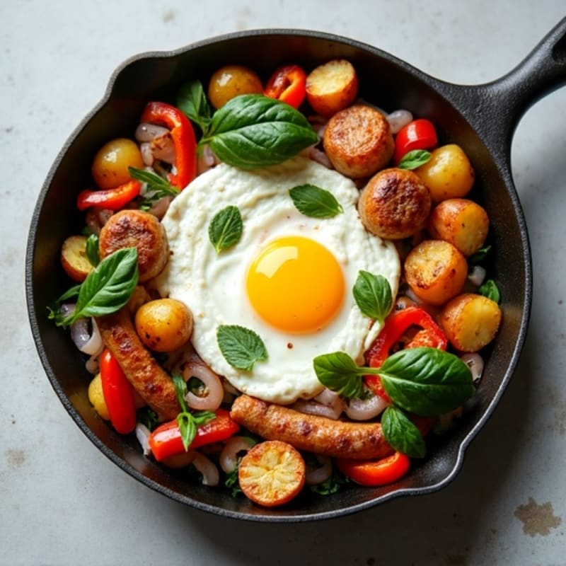 Hearty Breakfast Skillet with Crispy Potatoes, Lean Chicken Sausage, and Fresh Veggies