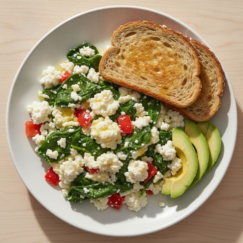 Egg White Veggie Scramble with Cottage Cheese and Spinach