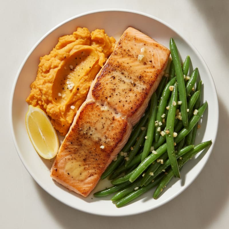 Seared Salmon with Garlic Green Beans and Sweet Potato Mash