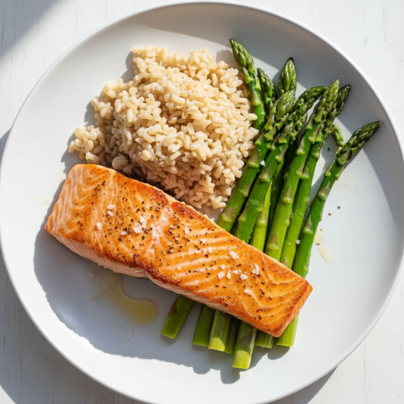 Seared Salmon Fillet with Steamed Asparagus and Brown Rice