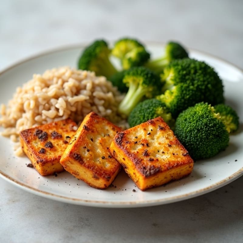 Crispy Baked Tofu with Roasted Broccoli and Brown Rice