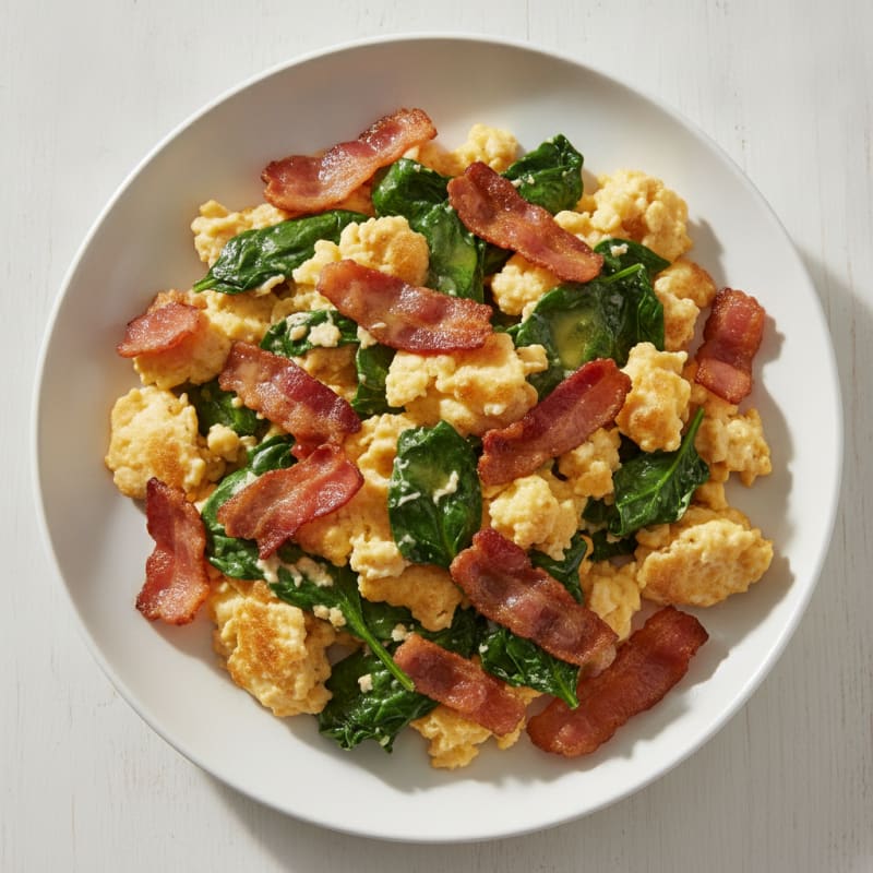 Crispy Bacon and Egg Scramble with Sautéed Spinach