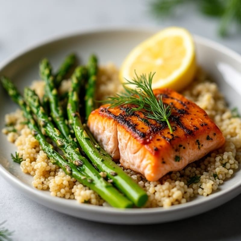 Flaky Lemon Herb Grilled Salmon with Roasted Asparagus and Quinoa