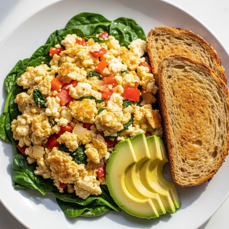 Egg White Veggie Scramble with Cottage Cheese and Sautéed Spinach
