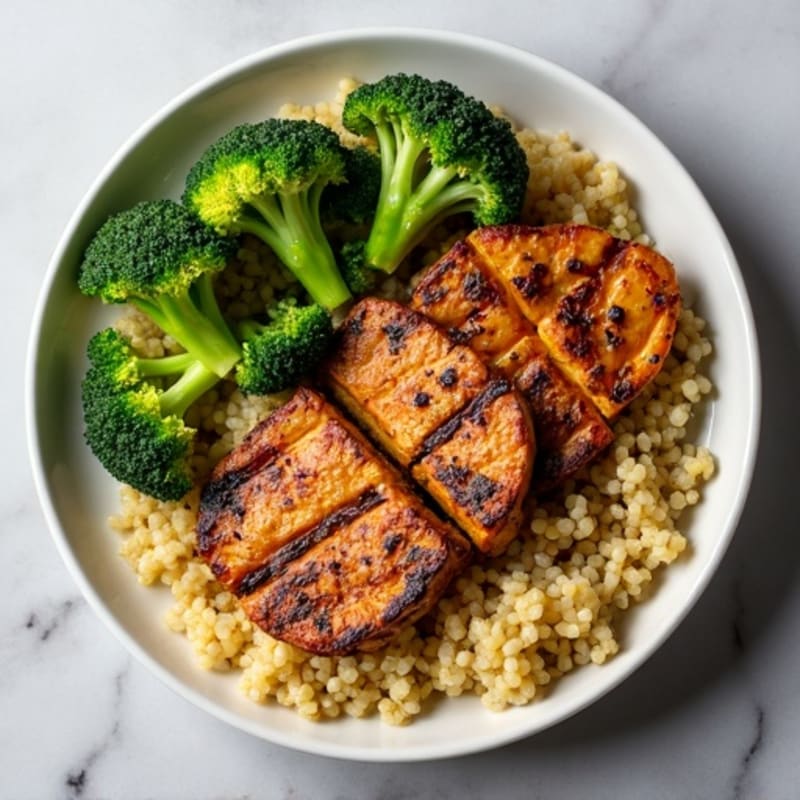 Grilled Tempeh with Roasted Broccoli and Quinoa