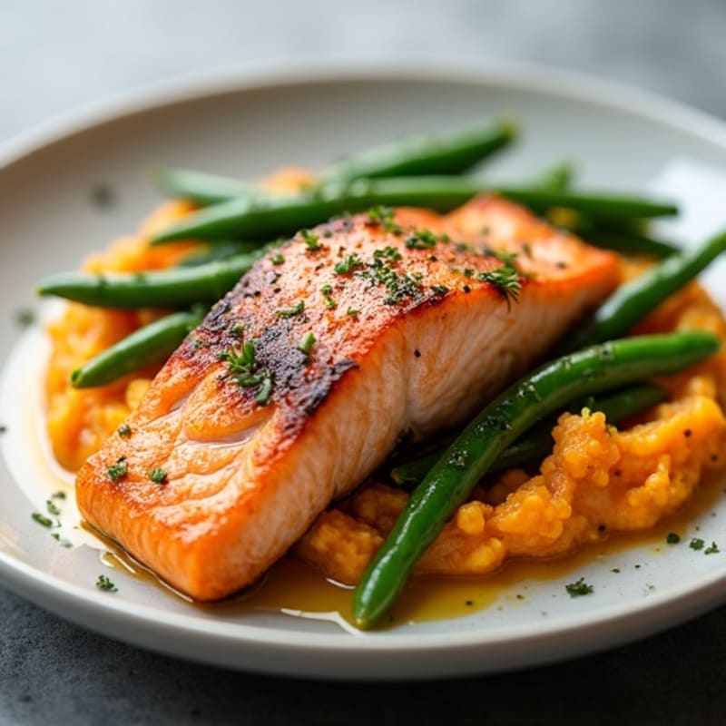 Seared Salmon Fillet with Garlic Green Beans and Sweet Potato Mash