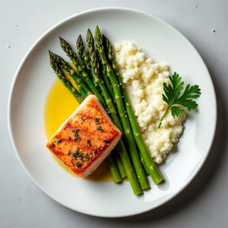 Seared Salmon with Steamed Asparagus and Herbed Cauliflower Mash