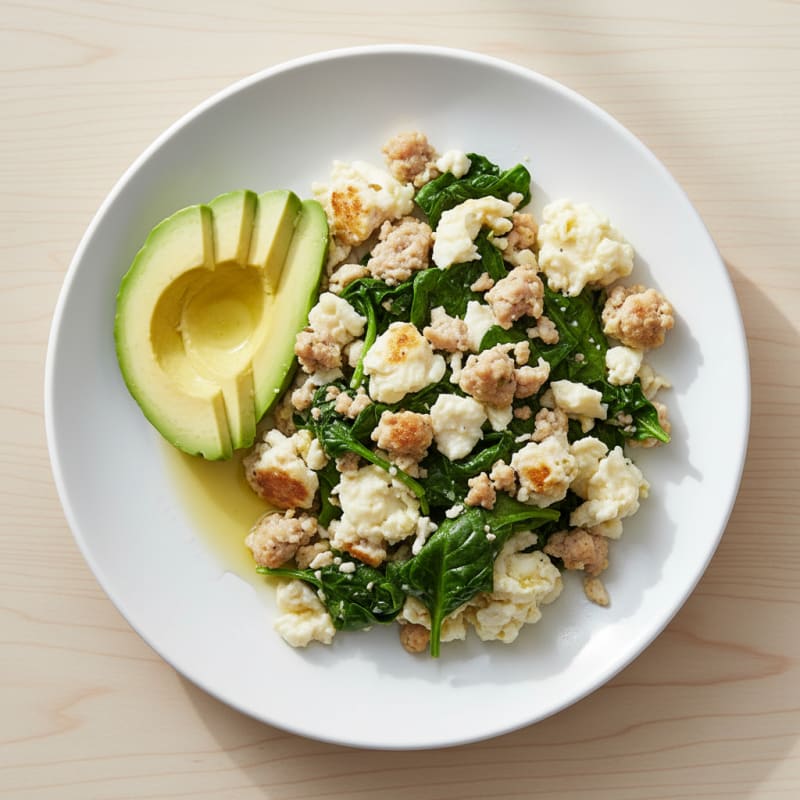 Egg White and Turkey Sausage Scramble with Sautéed Spinach