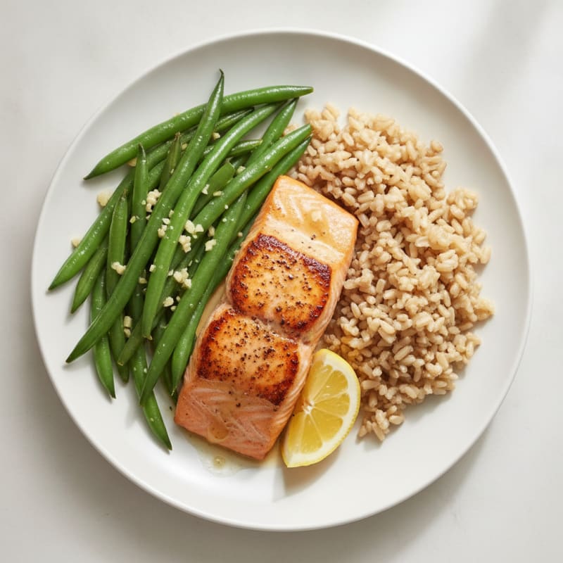 Seared Salmon Fillet with Garlic Green Beans and Brown Rice