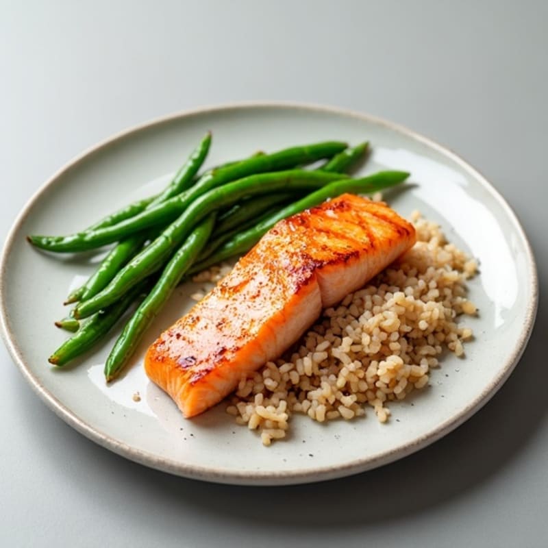 Seared Salmon with Steamed Green Beans and Brown Rice