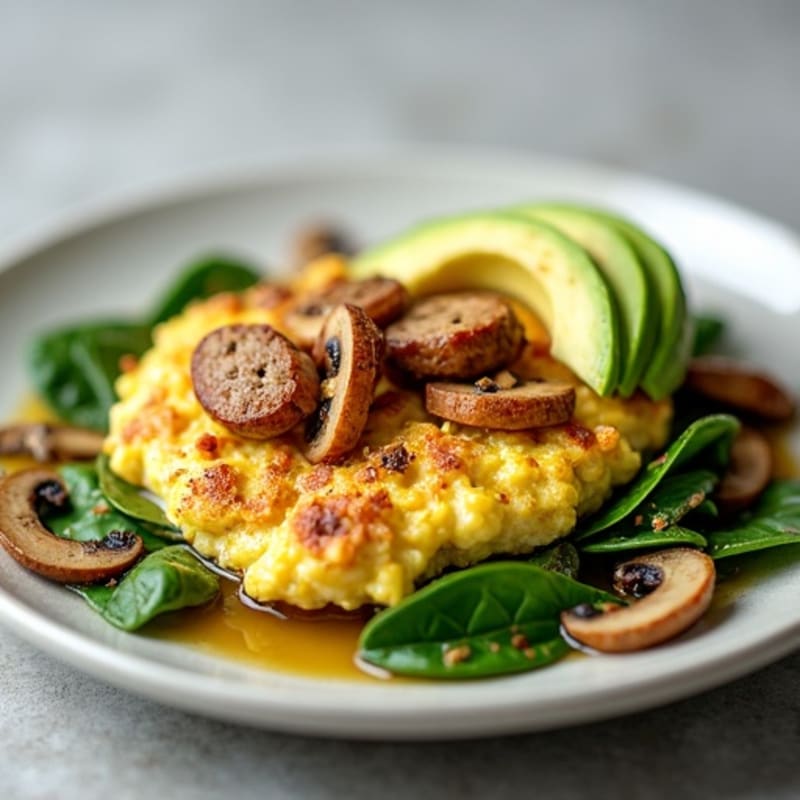Egg White and Turkey Sausage Scramble with Spinach, Sautéed Mushrooms, and Avocado