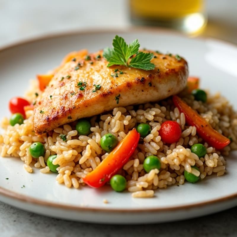One-Pan Savory Chicken and Rice with Peas and Bell Peppers