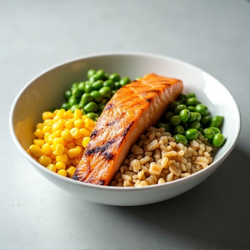 Grilled Salmon and Brown Rice Bowl with Roasted Corn and Edamame
