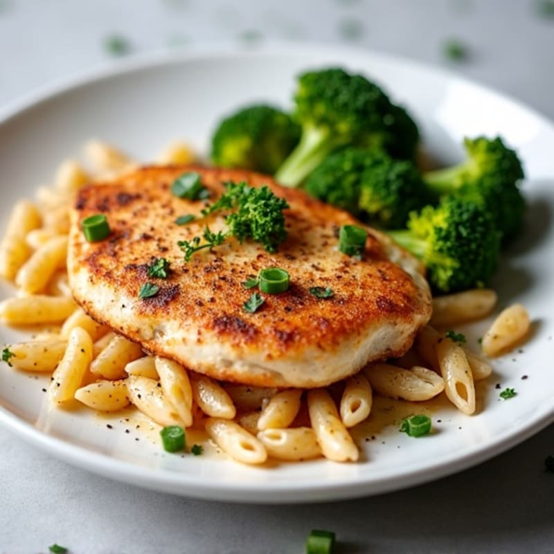 Pan-Seared Chicken with Whole Wheat Pasta and Crispy Roasted Broccoli