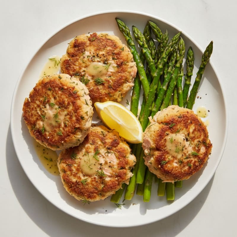 Herb-Crusted Tinned Salmon Cakes with Roasted Asparagus