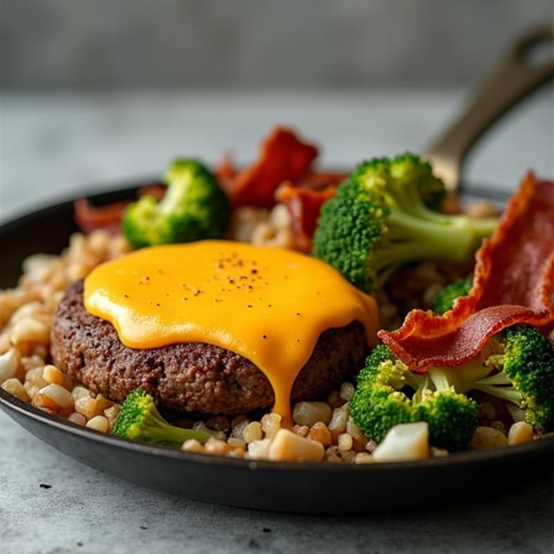 Lean Ground Beef Cheeseburger Skillet with Crispy Turkey Bacon and Roasted Broccoli