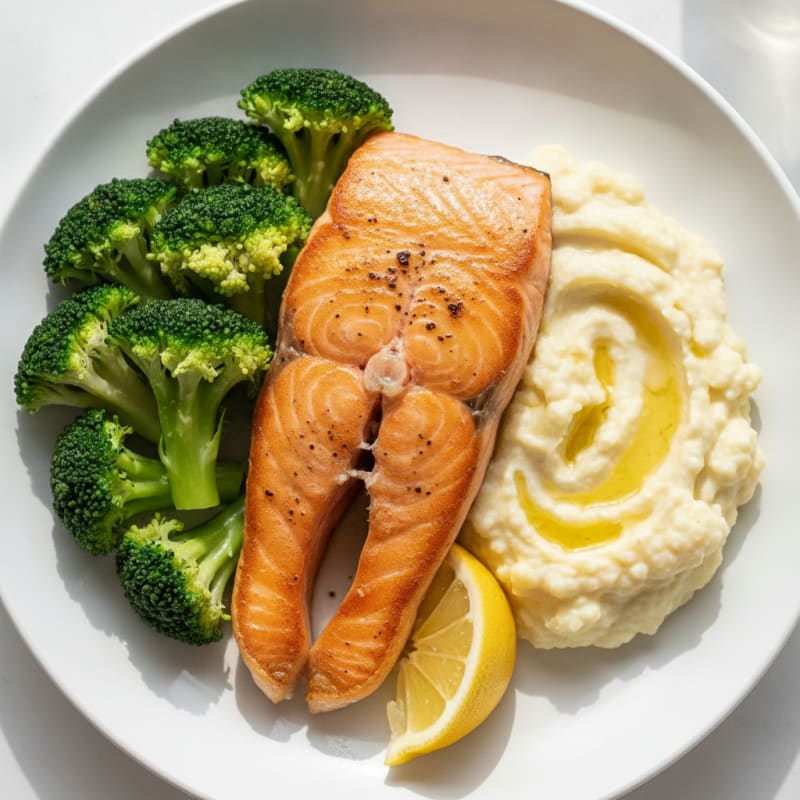 Seared Salmon with Steamed Broccoli and Garlic Mashed Cauliflower