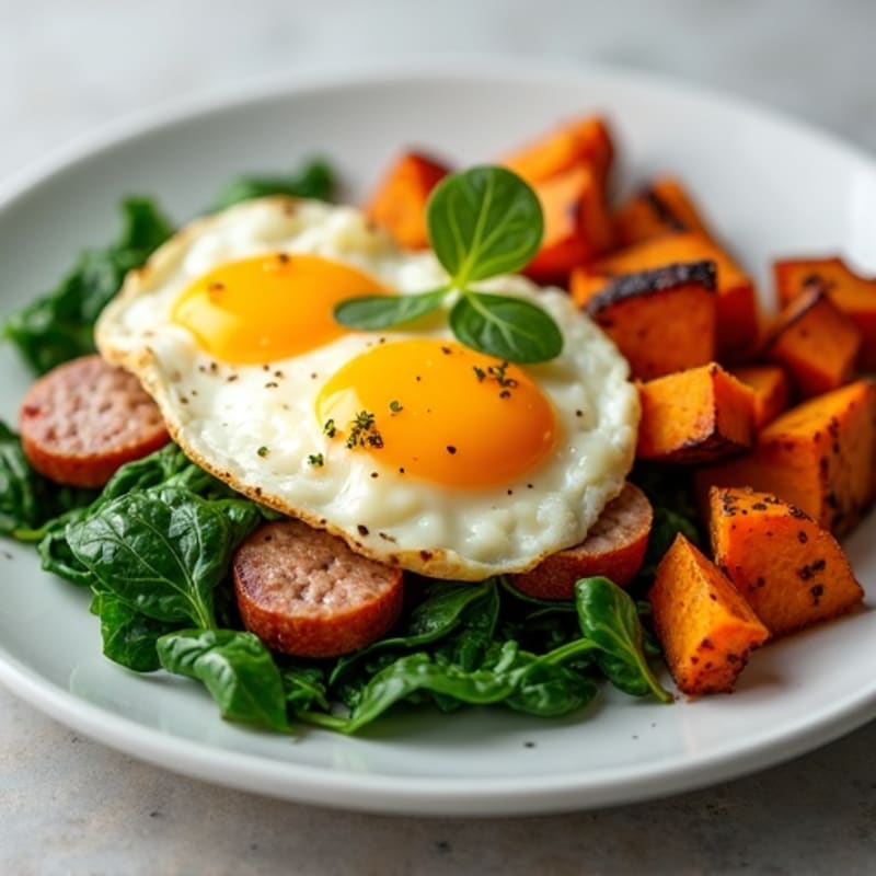 Egg White and Turkey Sausage Scramble with Spinach and Roasted Sweet Potato