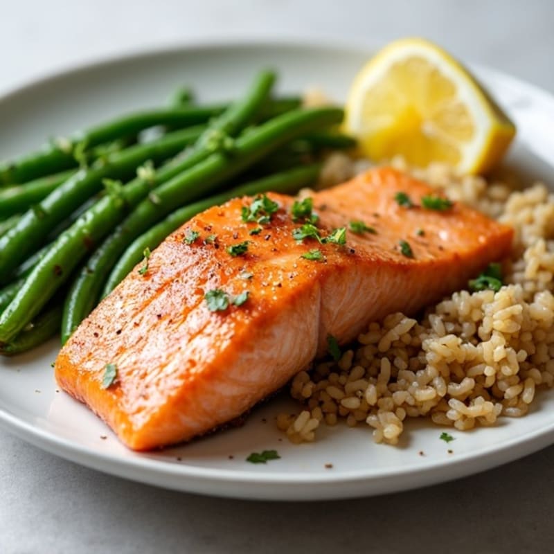 Seared Salmon with Garlicky Green Beans and Brown Rice