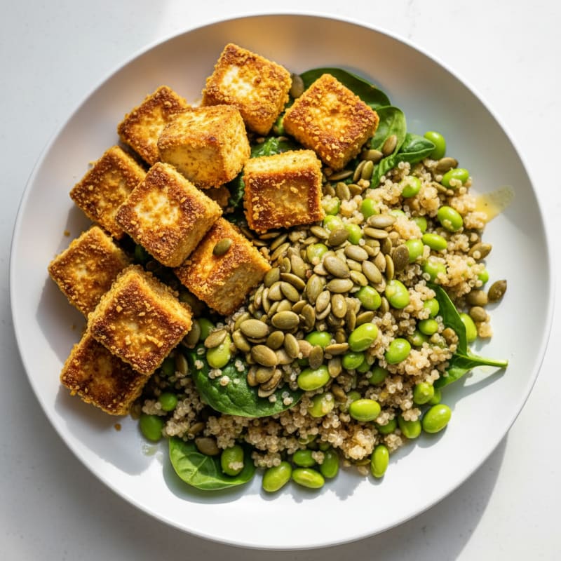 Grilled Tofu and Quinoa Salad with Edamame and Pumpkin Seeds