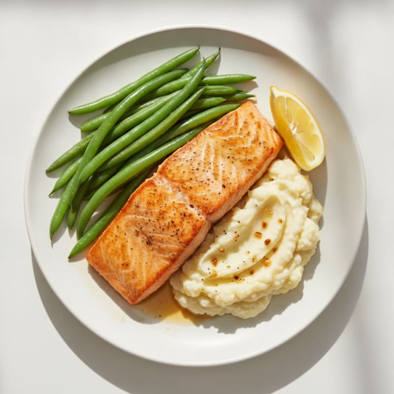 Seared Salmon with Steamed Green Beans and Garlic Mashed Cauliflower