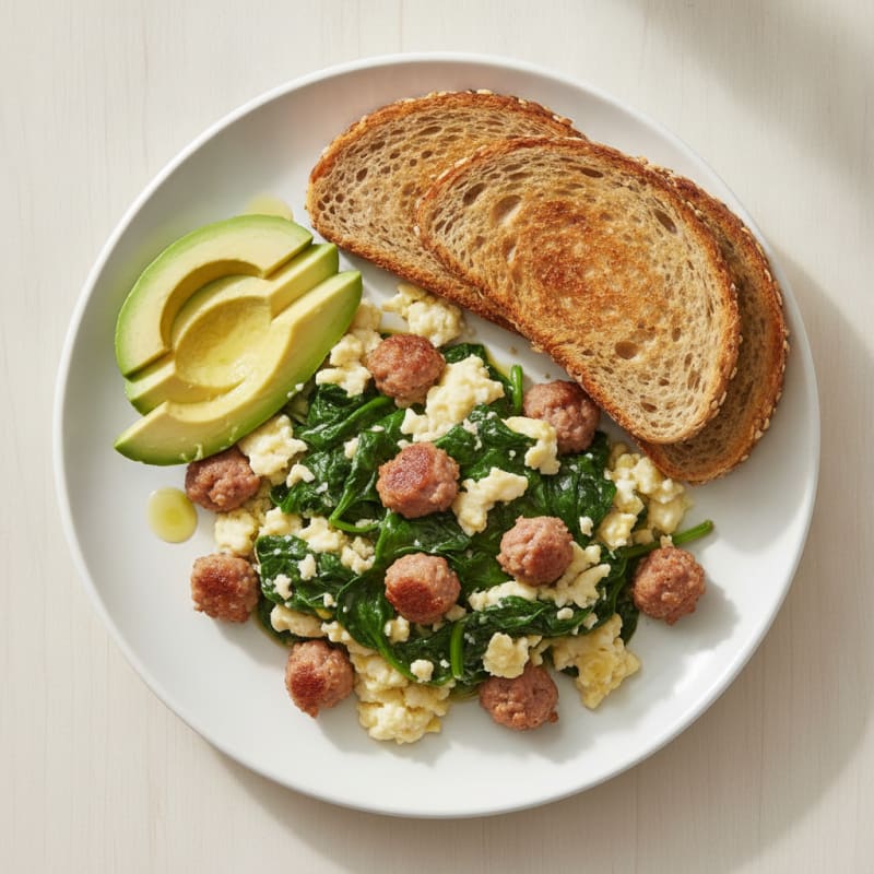 Egg White Scramble with Turkey Sausage and Sautéed Spinach