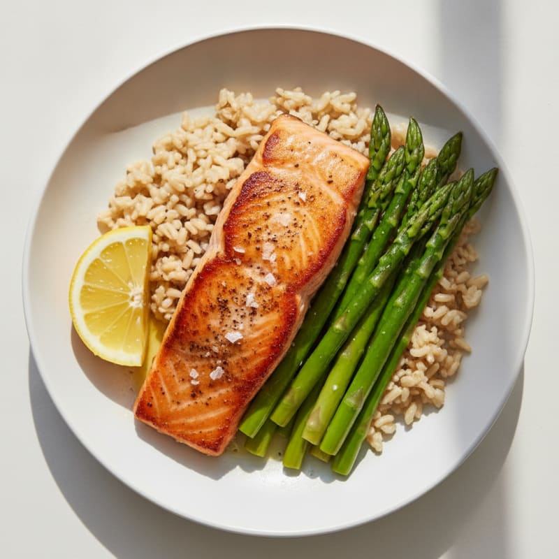 Pan-Seared Salmon with Steamed Asparagus and Brown Rice