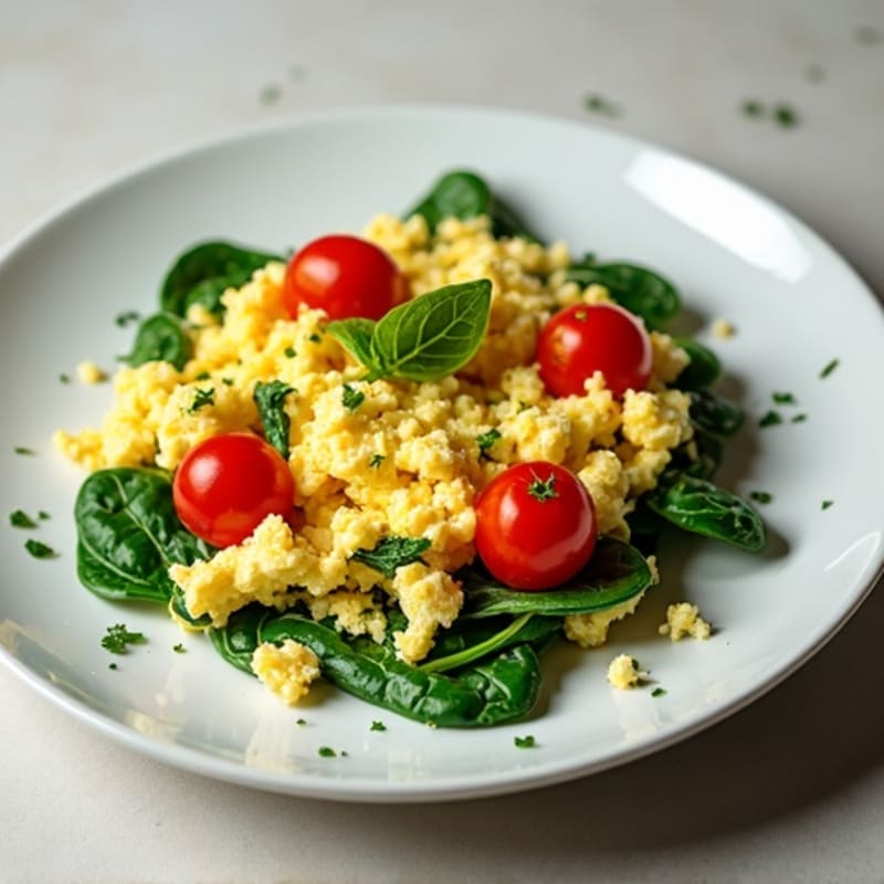 Cottage Cheese Egg Scramble with Sautéed Spinach and Cherry Tomatoes