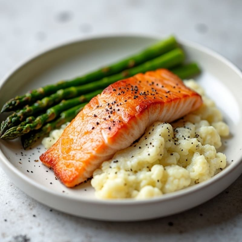 Seared Salmon with Steamed Asparagus and Garlic Cauliflower Mash
