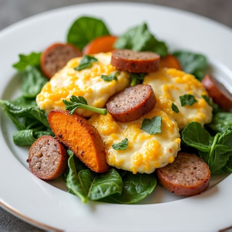 Egg White and Turkey Sausage Scramble with Spinach and Roasted Sweet Potatoes