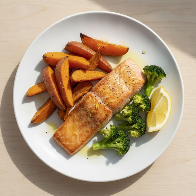 Seared Salmon with Roasted Sweet Potato and Steamed Broccoli
