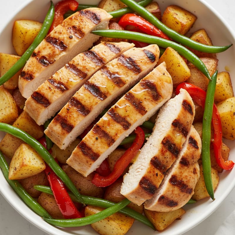 Grilled Chicken and Roasted Potato Bowl with Bell Peppers and Green Beans