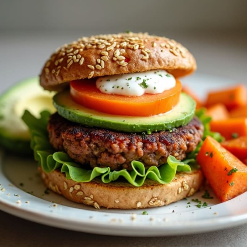 Crispy Black Bean Burgers with Fresh Avocado and Roasted Sweet Potatoes