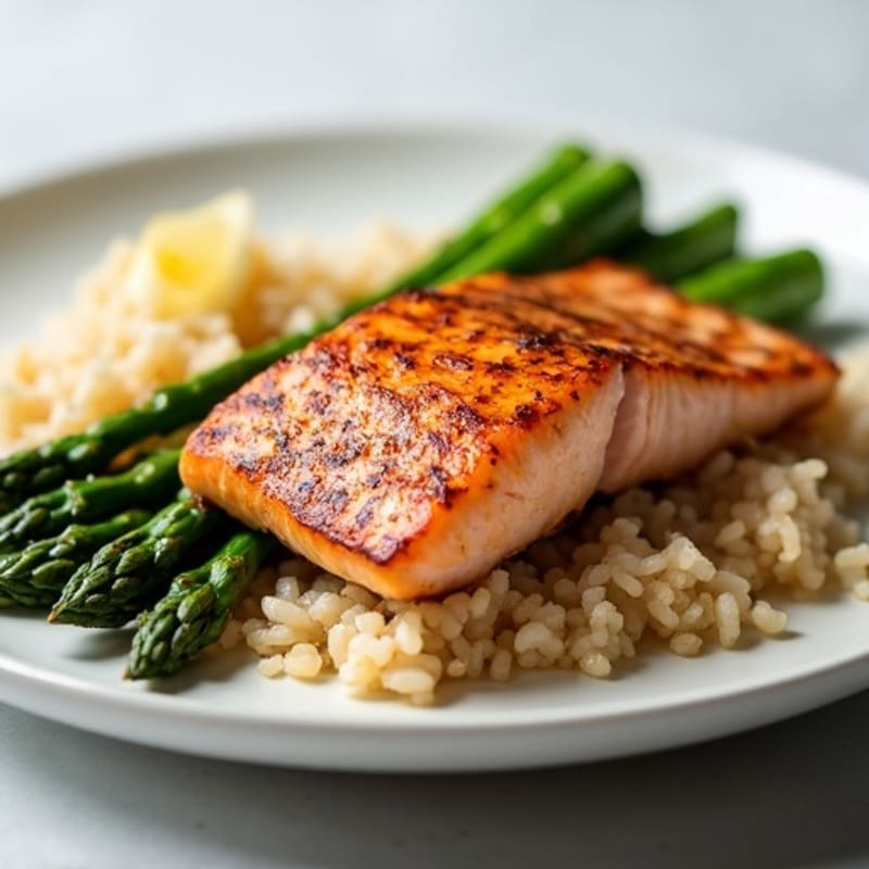 Seared Salmon with Steamed Asparagus and Brown Rice