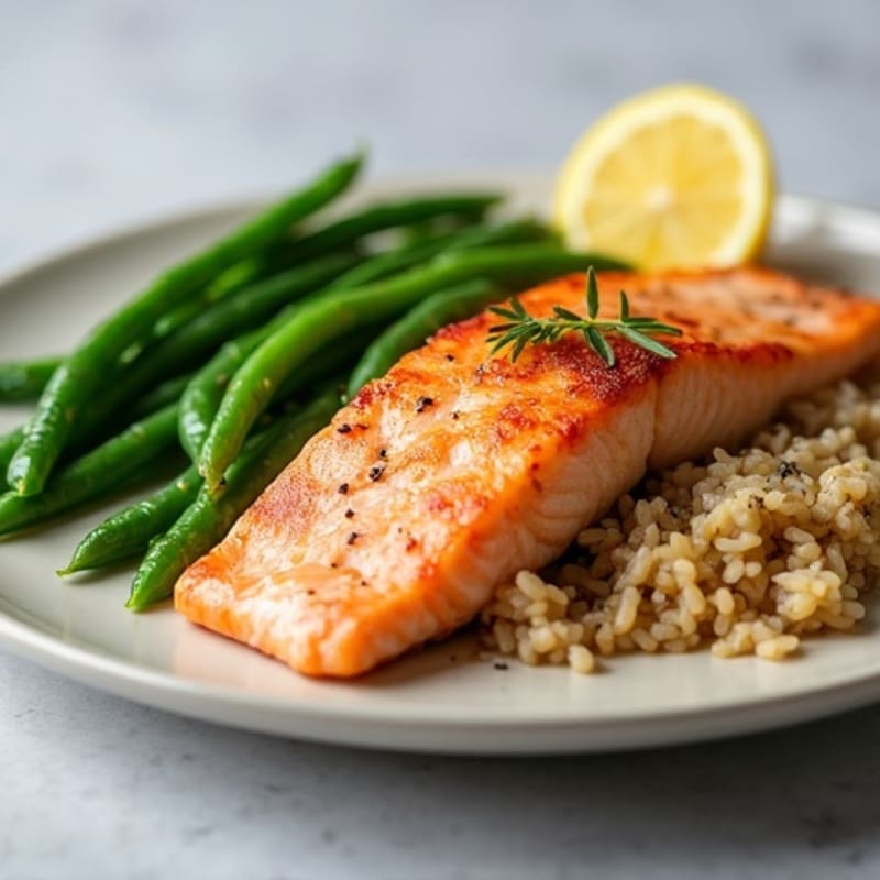 Seared Salmon with Steamed Green Beans and Brown Rice