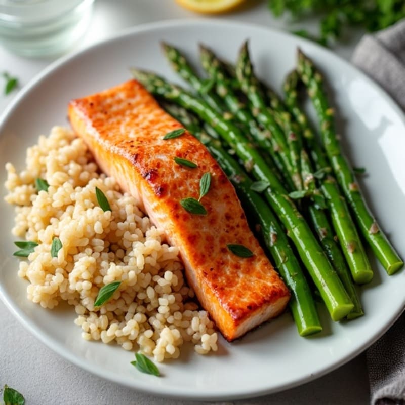 Seared Salmon Fillet with Steamed Asparagus and Brown Rice