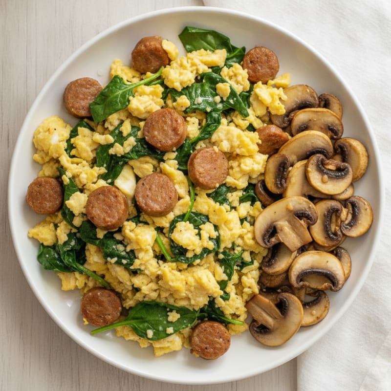Egg White Spinach Scramble with Turkey Sausage and Sautéed Mushrooms