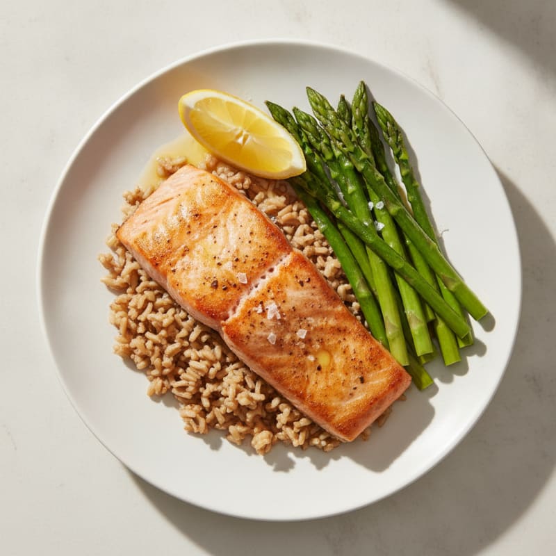 Seared Salmon Fillet with Steamed Asparagus and Brown Rice