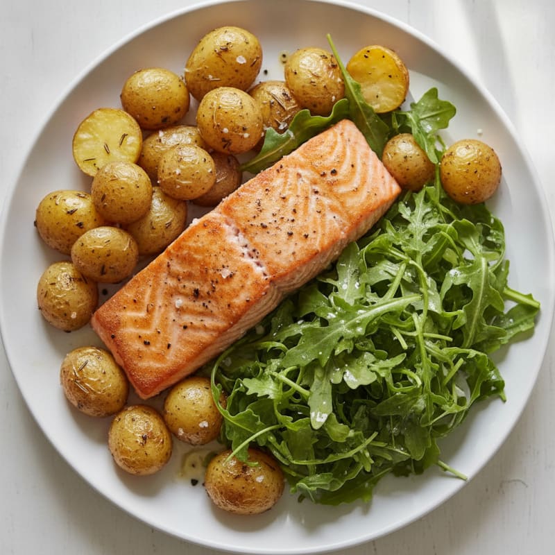 Pan-Seared Salmon with Roasted Potatoes and Greens