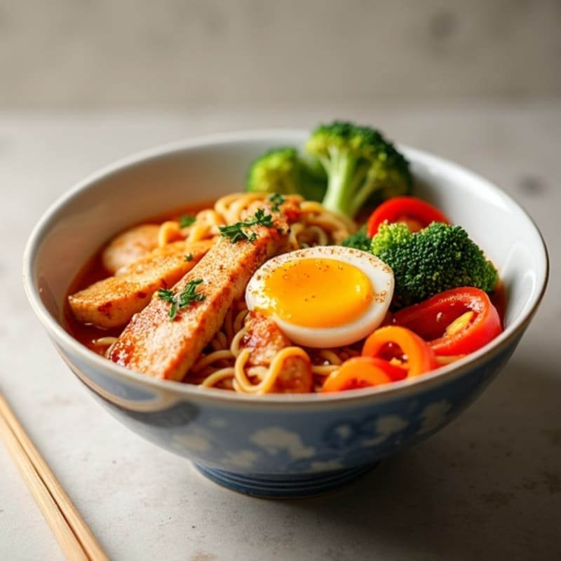 Spicy Sriracha Chicken Ramen Bowl with Fresh Vegetables