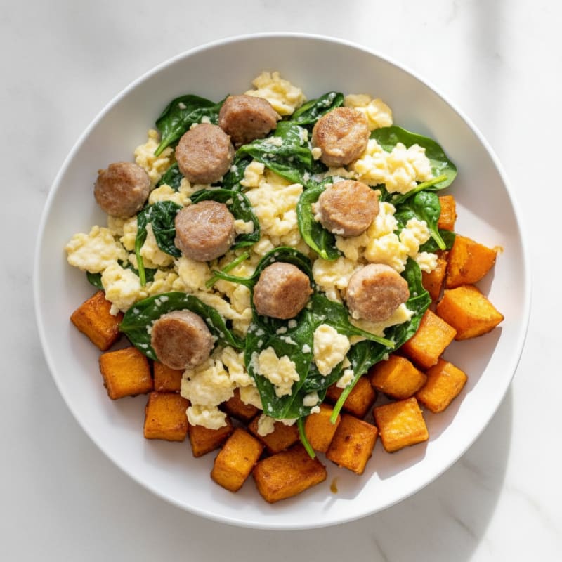 Egg White and Turkey Sausage Scramble with Spinach and Roasted Sweet Potato